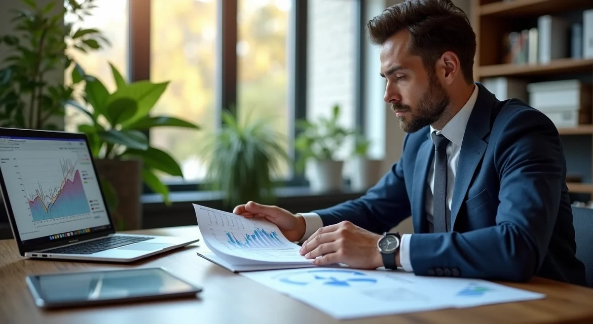 Empresário analisando gráficos e planilhas de custos ocultos numa mesa de escritório moderna