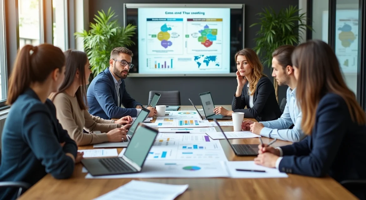 Equipe de profissionais em reunião no escritório com documentos e laptop, discutindo mapeamento de processos